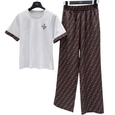 Combo bộ nữ áo thun trắng quần dài lụa Fendi