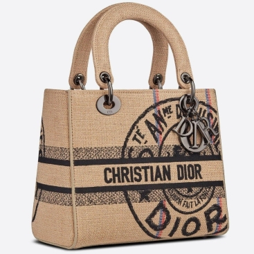 Túi xách nữ đeo chéo Dior Lady Beige Jute Canvas Embroidered with Dior Union Motif