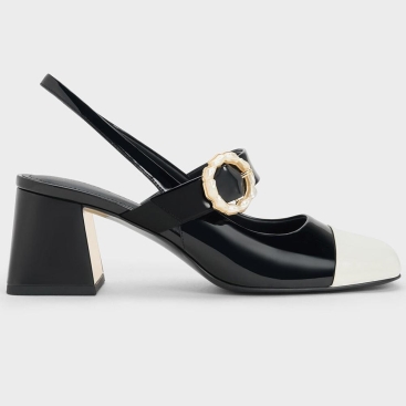 Giày bít mũi CNK Charles Keith Patent Two-Tone Pearl Buckle Slingback Pumps CK1-60361474