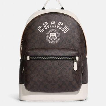 Balo unisex Coach West Backpack In Signature Canvas With Varsity Motif Mahogany