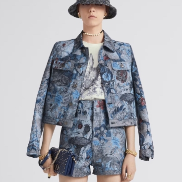 Set bộ quần áo nữ Christian Dior Jacket and Shorts Blue Cotton Denim With Dior Jardin Magique Motif 